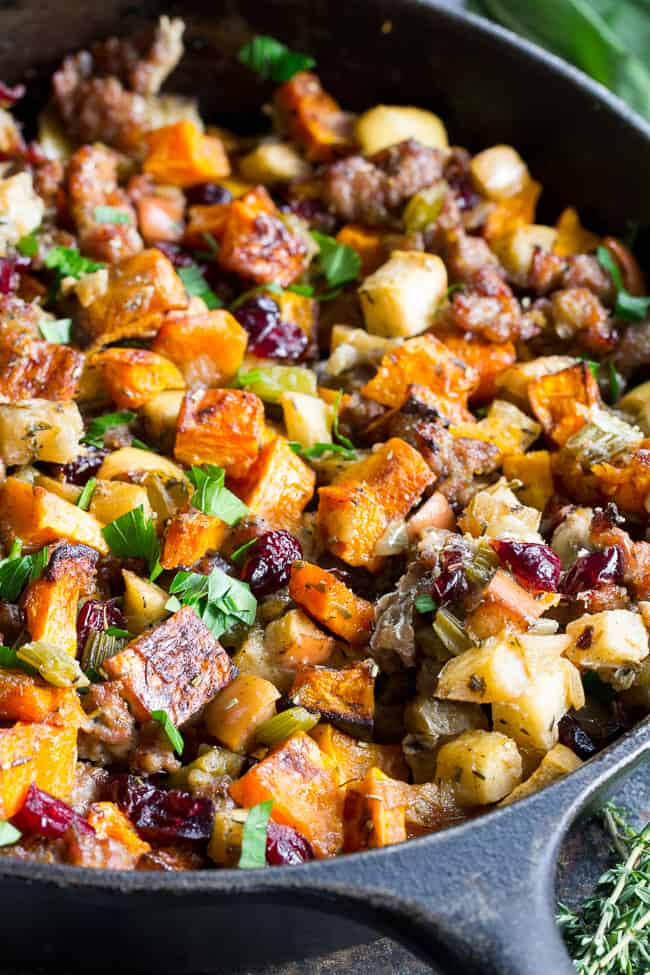 Paleo Butternut Sausage Stuffing with Apples & Cranberries