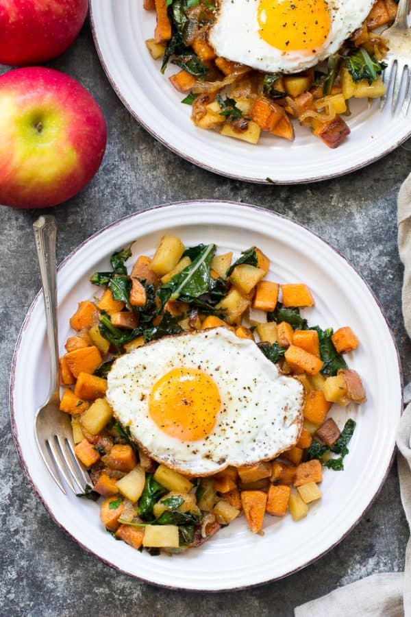 Sweet Potato Apple Kale Hash with Caramelized Onions {Whole30}