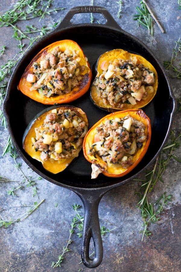 Caramelized Onion Sausage Stuffed Acorn Squash {Paleo & Whole30}