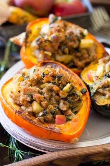 Caramelized Onion Sausage Stuffed Acorn Squash {Paleo & Whole30}