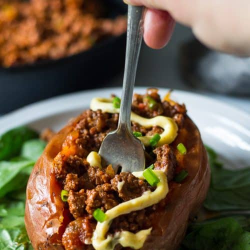 Easy Paleo Chili Stuffed Sweet Potatoes {Whole30} - The Paleo Running Momma