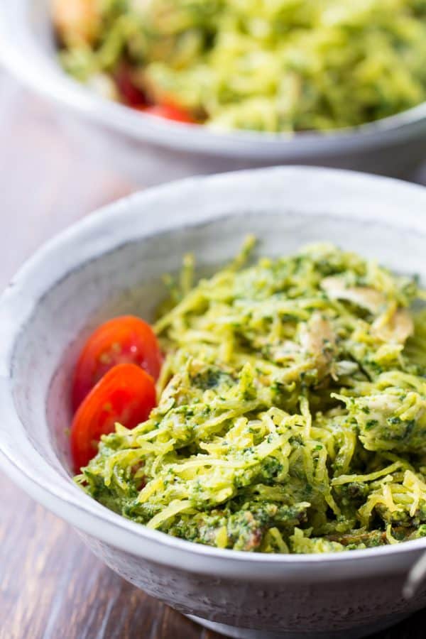 Chicken Pesto Paleo Spaghetti Squash {Whole30, Low Carb}