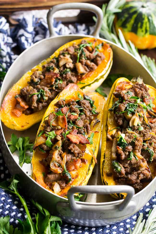Delicata Squash with Caramelized Onion, Beef & Bacon Stuffing {Paleo ...