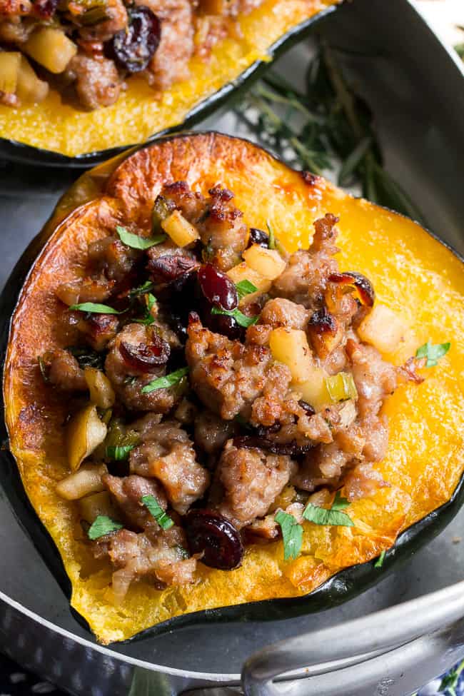 Stuffed Acorn Squash with Sausage, Apples and Cranberries