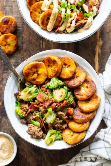 Paleo Beef and Bacon Bowls with Veggies and Plantains {Whole30}