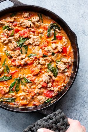 Creamy Sausage Tomato Basil Spaghetti Squash {Paleo, Whole30, Keto}