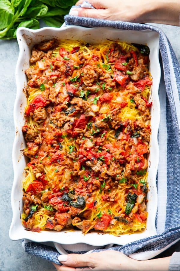 Creamy Sausage Tomato Basil Spaghetti Squash {Paleo, Whole30, Keto}