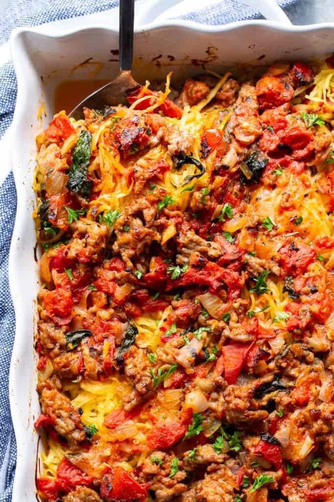 Creamy Sausage Tomato Basil Spaghetti Squash {Paleo, Whole30, Keto}