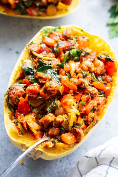 Turkey Sausage Spaghetti Squash Boats {Paleo, Whole30}