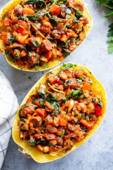 Turkey Sausage Spaghetti Squash Boats {Paleo, Whole30}