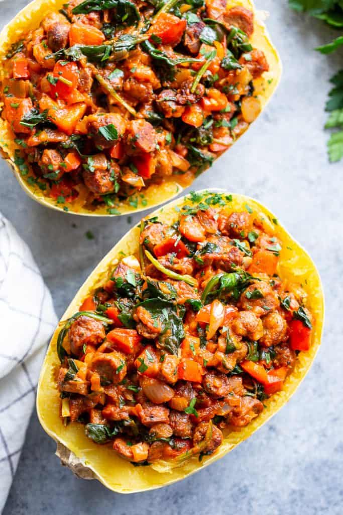 Turkey Sausage Spaghetti Squash Boats {Paleo, Whole30}