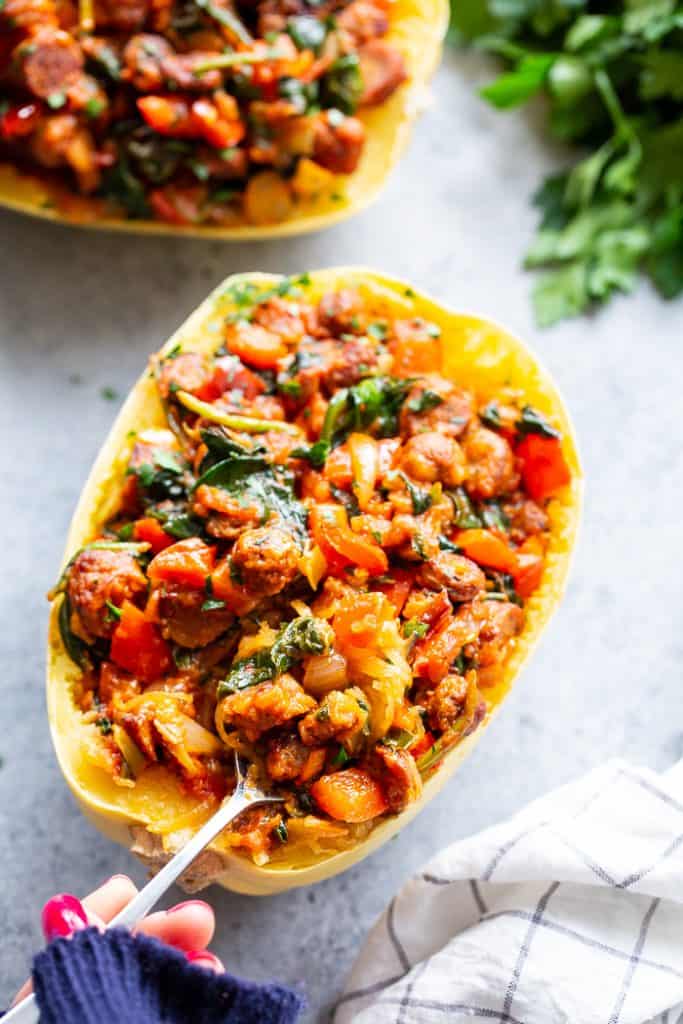 Turkey Sausage Spaghetti Squash Boats {Paleo, Whole30}