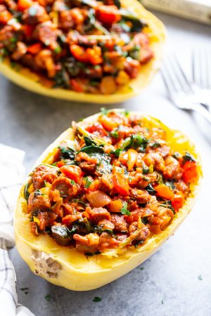 Turkey Sausage Spaghetti Squash Boats {Paleo, Whole30}