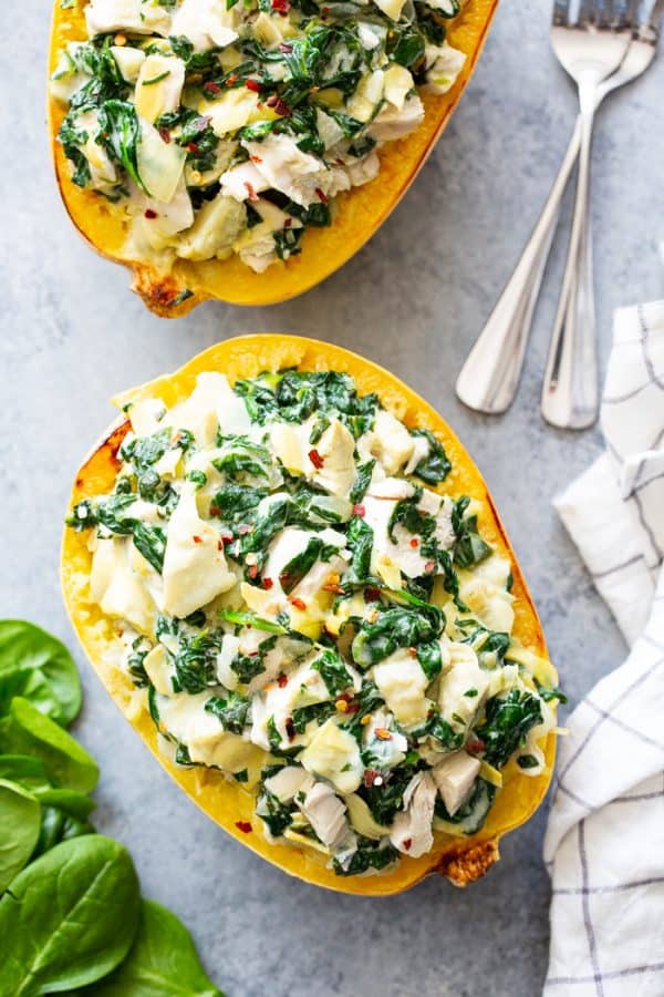 Chicken Spinach Artichoke Spaghetti Squash {Paleo, Whole30}