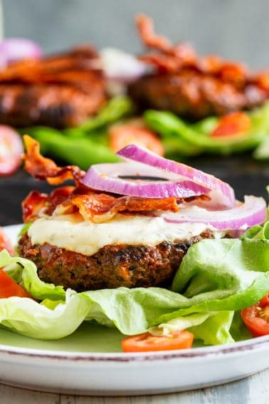 Spicy Buffalo Bacon Burgers With Cool Ranch {Paleo, Whole30, Keto}