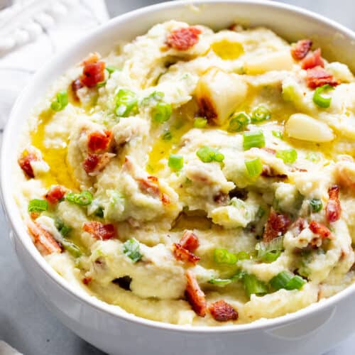 Roasted Garlic Mashed Cauliflower with Bacon {Paleo, Keto, Whole30}