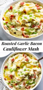Roasted Garlic Mashed Cauliflower with Bacon {Paleo, Keto, Whole30}