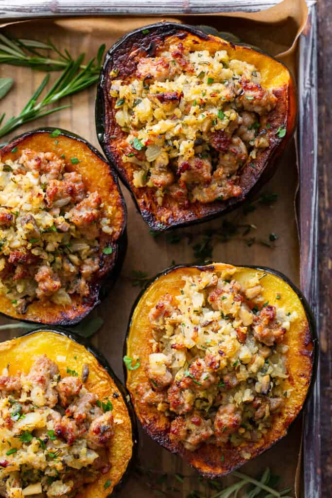 Stuffed Acorn Squash with Sausage + “Rice” {Whole30, Paleo}