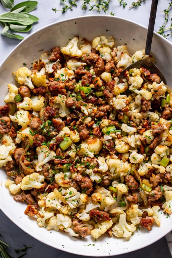 Cauliflower Stuffing with Sausage {Paleo, Keto, Whole30}