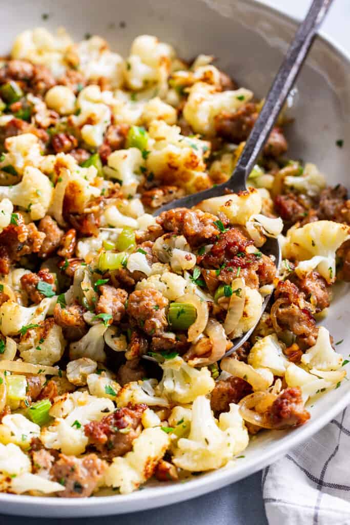 Cauliflower Stuffing with Sausage {Paleo, Keto, Whole30}