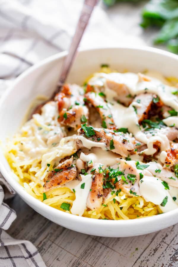 Paleo Chicken Alfredo with Spaghetti Squash {Whole30}