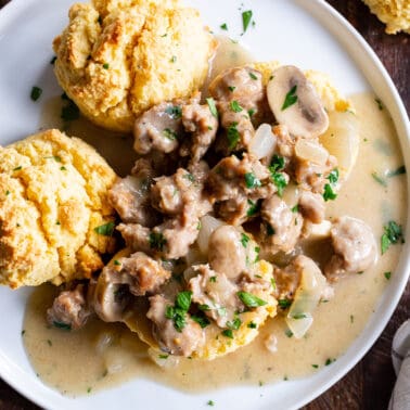 Mushroom Sausage Gravy and Biscuits {Paleo, Keto, Sugar Free}