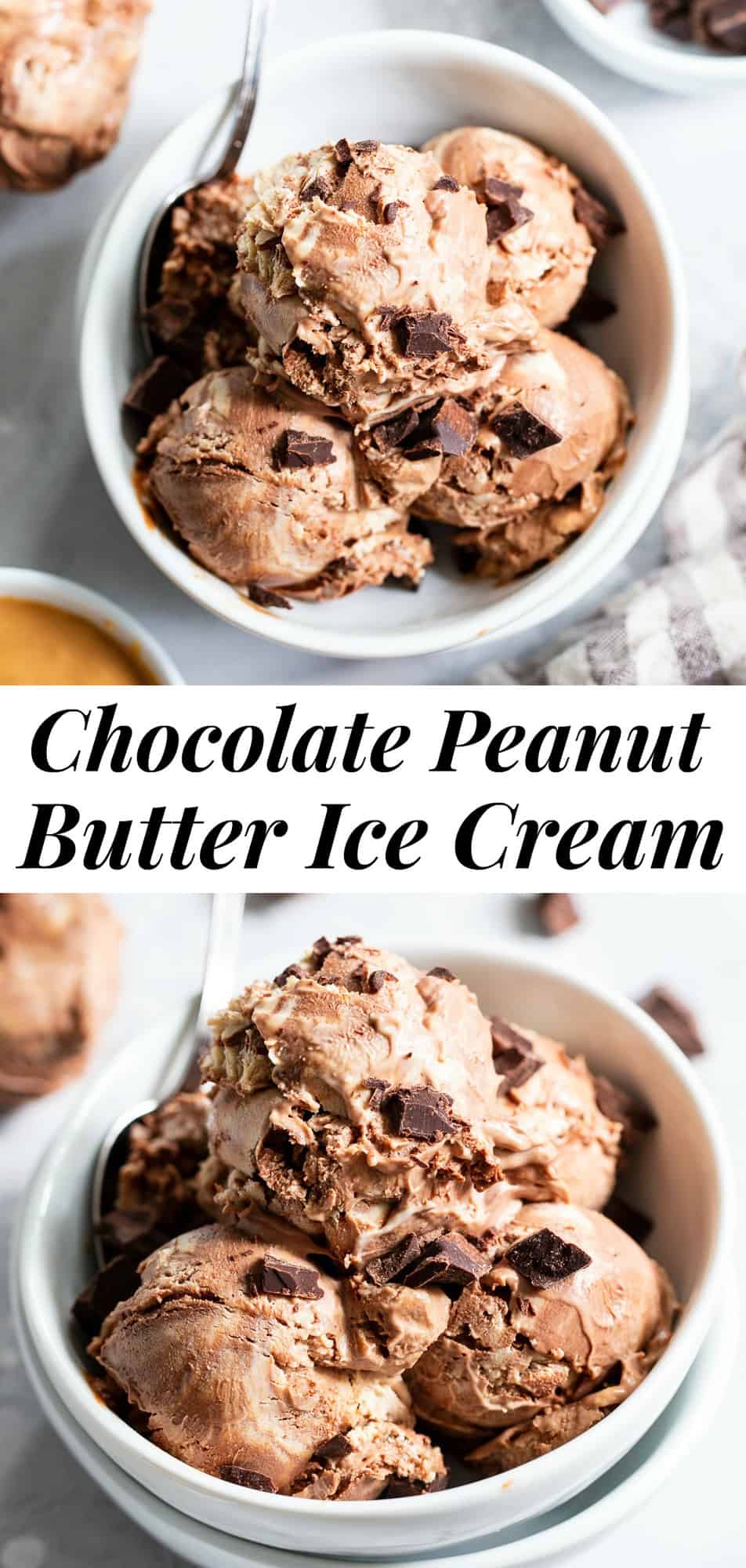 This paleo and vegan chocolate peanut butter ice cream is rich, creamy and super easy to make!   No-churn chocolate ice cream is swirled with a peanut butter layer (or other nut butter) and dark chocolate chunks.  It’s family approved and irresistibly chocolatey! #paleo #vegan #veganicecream #icecream