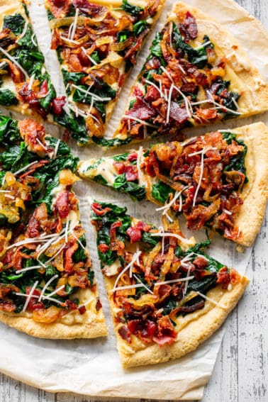 Bacon Spinach Pizza with Caramelized Onions {Paleo}