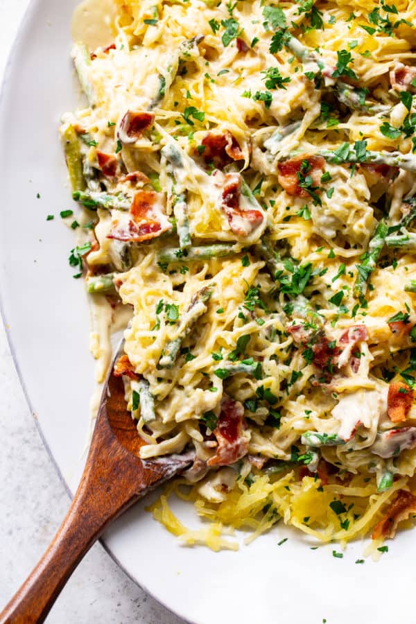 Roasted Garlic Spaghetti Squash with Asparagus and Bacon