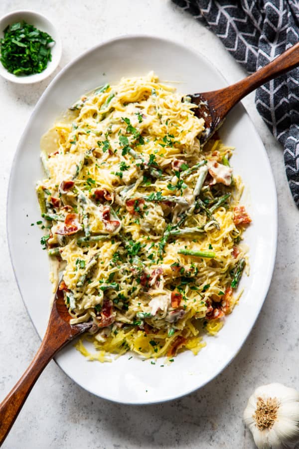 Roasted Garlic Spaghetti Squash with Asparagus and Bacon