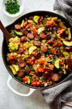 One Skillet Sausage with Veggies and “Rice” {Paleo, Whole30, Keto}