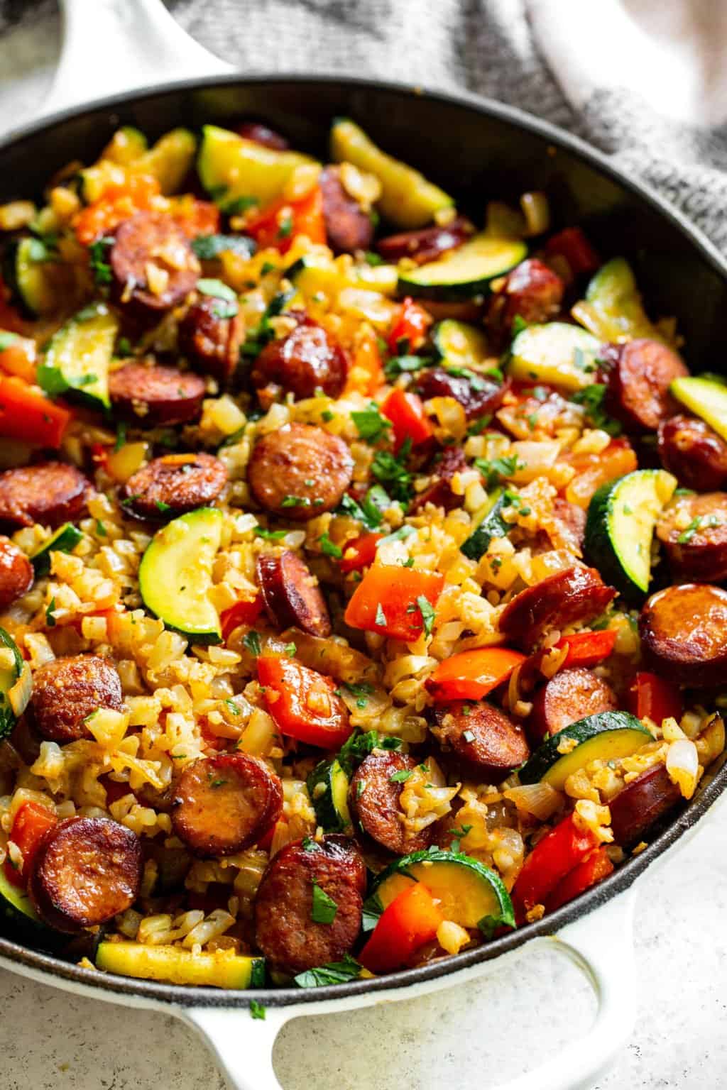 One Skillet Sausage with Veggies and “Rice” {Paleo, Whole30, Keto}